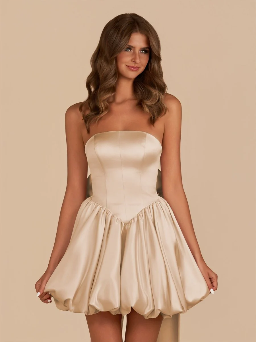 Champagne Strapless Satin A-Line Short Homecoming Dress with Bow