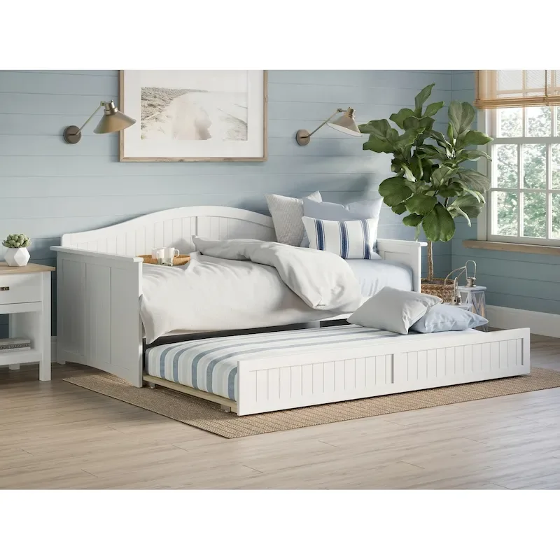 Twin Daybed with Trundle, Solid Wood, White / Walnut / Grey / Light Toffee, Sleeps 2