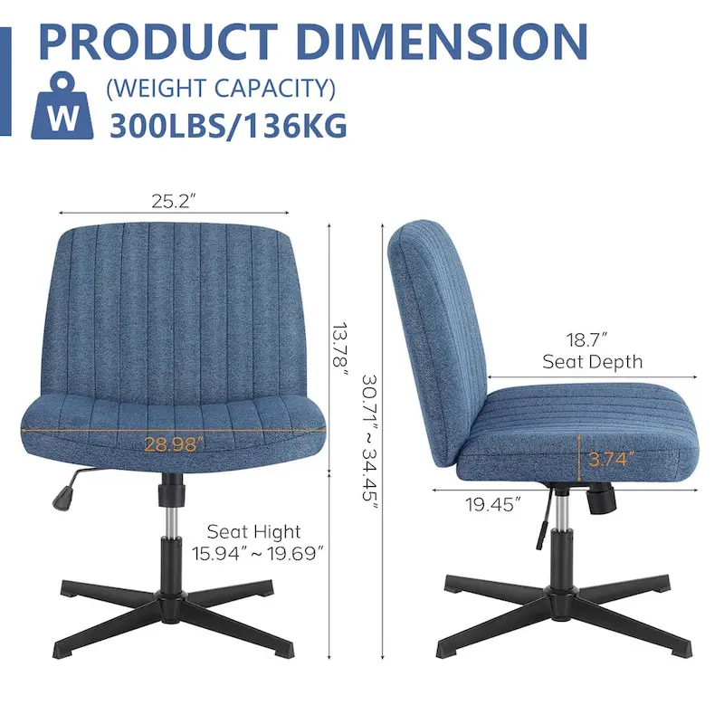 Criss Cross Legged Office, Wide Comfty Desk, Wheels Armless Computer Task, Swivel Vanity Home Chair, Height Adjustable