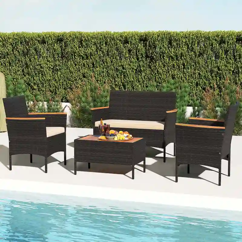 Costway 4 PCS Patio Wicker Sofa Set with Coffee Table Acacia Wood - See Details