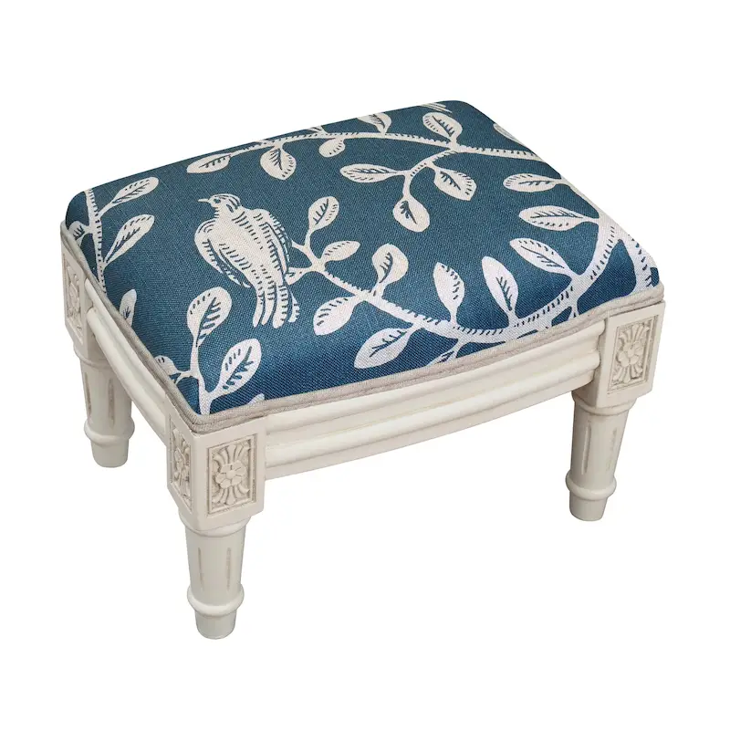 Copper Grove Castletown Navy Upholstered White Footstool with Vine Accents