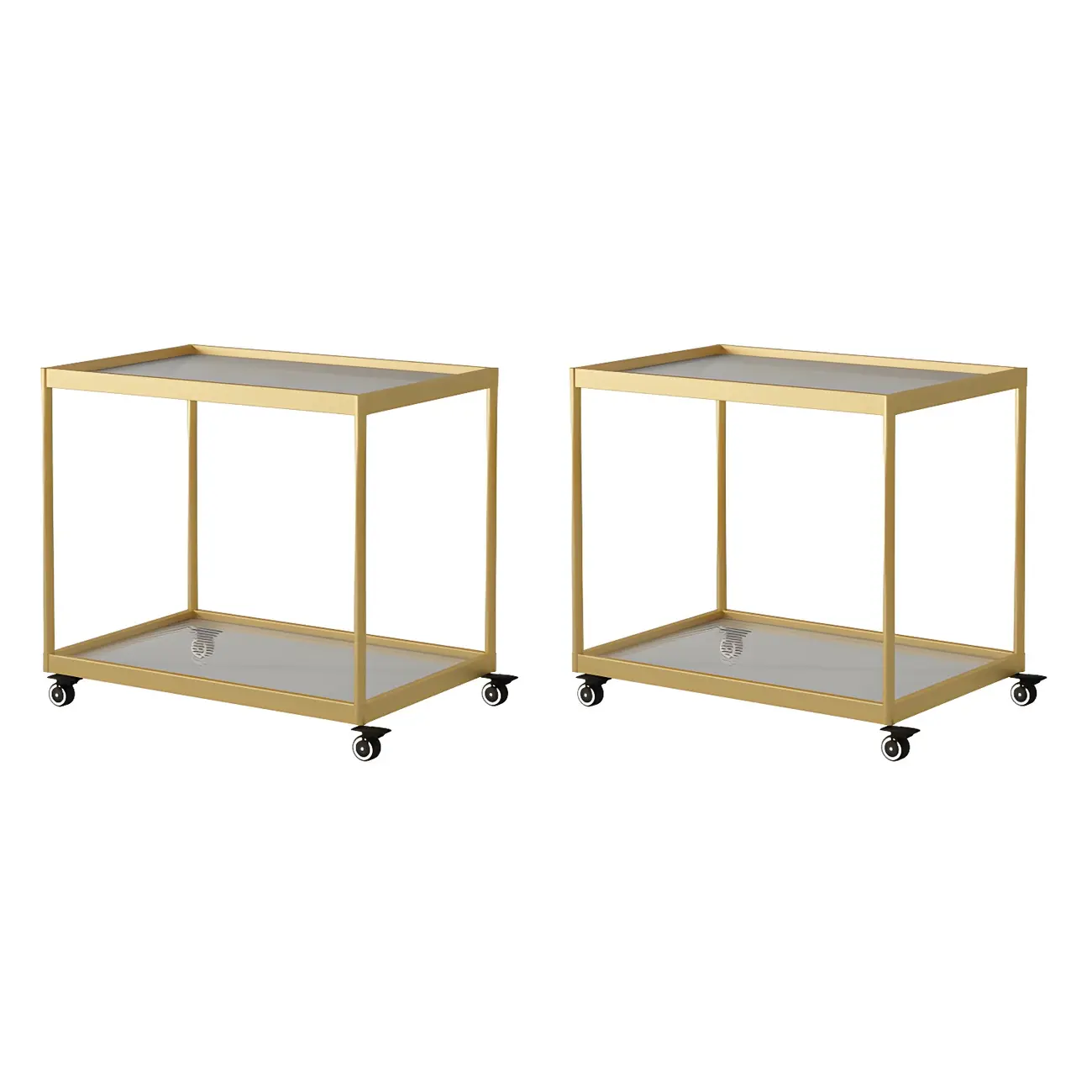 Gold Glass Rectangular Top Shelf Side Table on Wheels