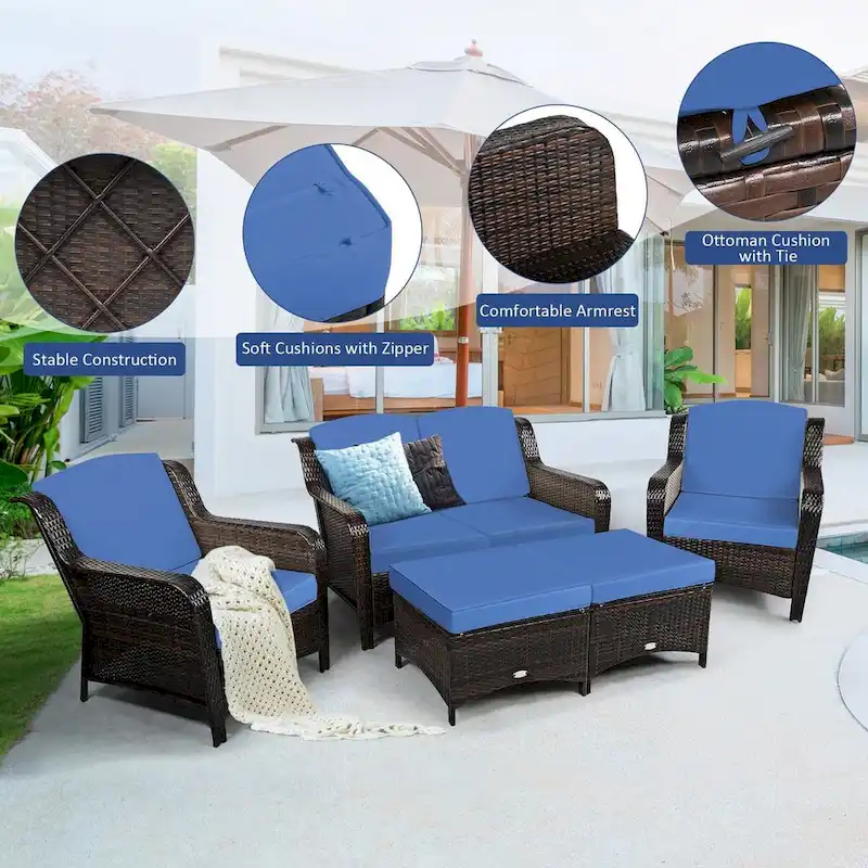 5 Pieces Patio Rattan Sofa Set with Cushion and Ottoman - 51 x 33.5 x 33 (L x W x H)