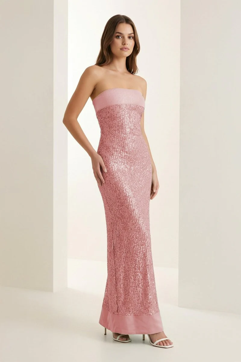 Sage Sheath Strapless Sequined Long Prom Dresses