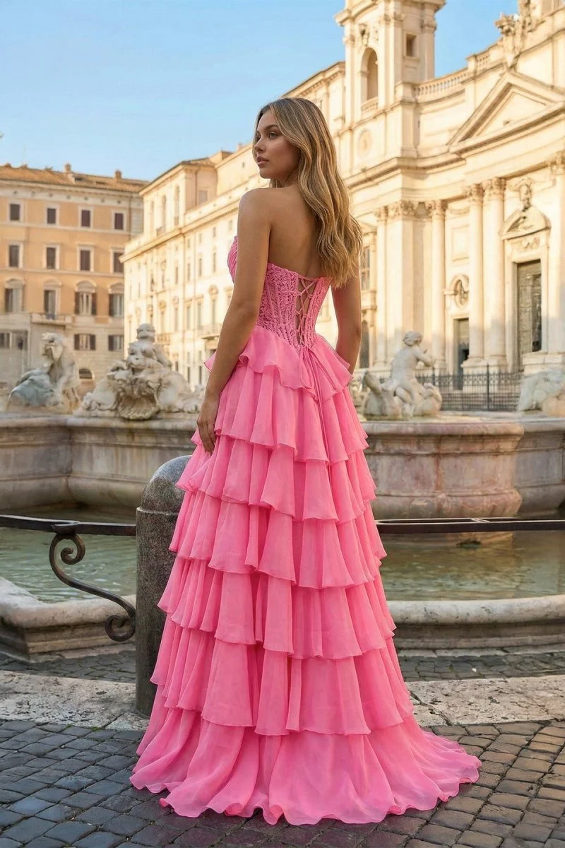 Hot Pink - Strapless A Line Chiffon Ruffled Prom Dresses With Appliques