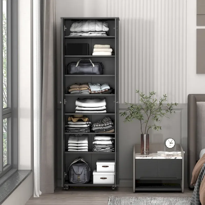 Black / White Double Door Wardrobe Closet & Shoe Cabinet with Wheels – Single