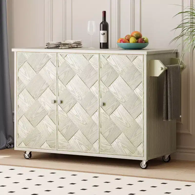 Okak Kitchen Island with Drop Leaf and Handwoven Doors, Kitchen Cart with Internal Storage Rack, Countertop Organizer for Kitchen
