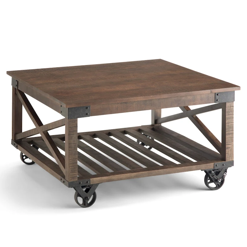WYNDENHALL Barrie SOLID MANGO WOOD and Metal 32 inch Wide Square Industrial Coffee Table in Distressed Dark Brown - 32 x 32 x 18