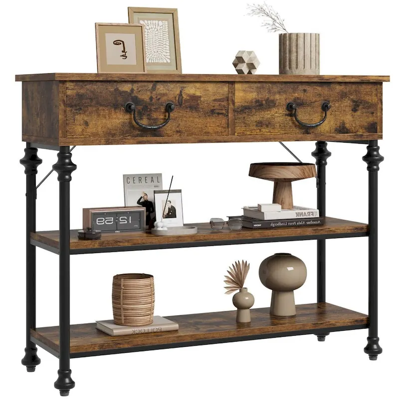 Brown / Grey Narrow Console Table with Drawer & Shelves, Vintage Style