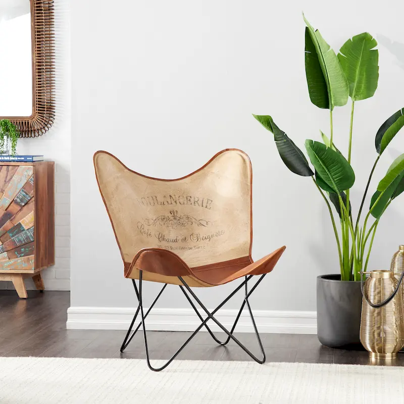 Brown-Beige / White Handmade Leather Butterfly Chair with Black Metal Stand – 1-Seater