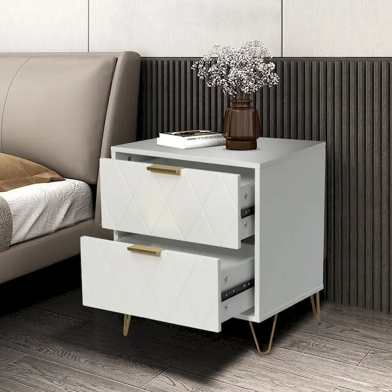Set of 2 Nightstand 2 Drawer End Side Table Bedside Metal Legs Modern Bedroom Living Room