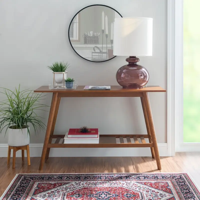 Brown/White Mid-Century Modern Console Table with Splayed Rubberwood Legs & Bottom Shelf
