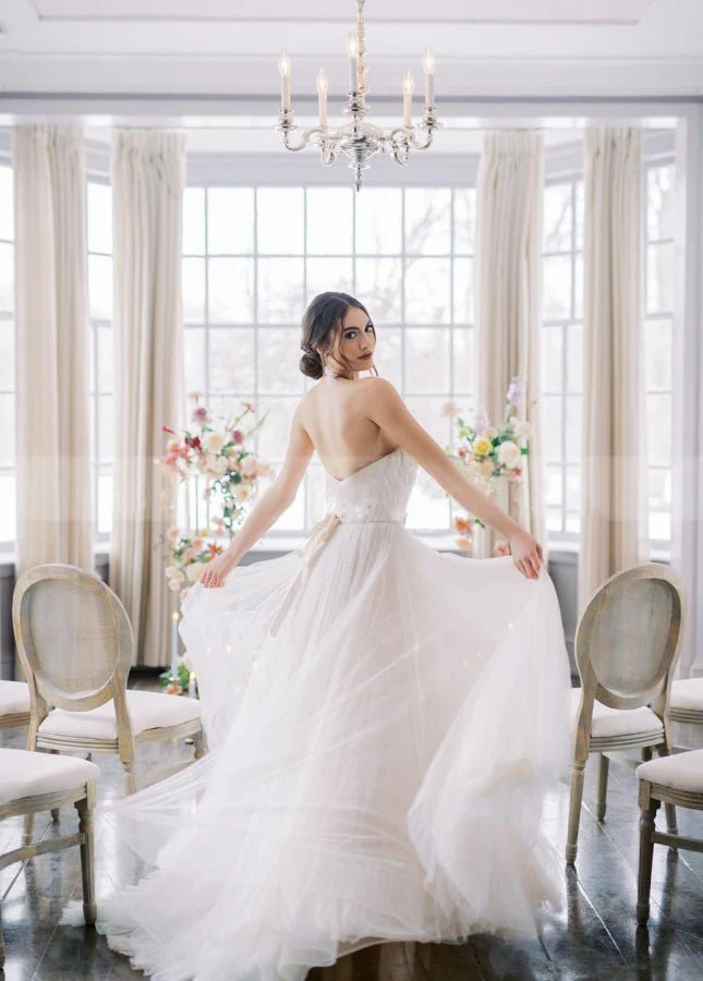 Sweetheart Backless Tulle Wedding Dress with Flower Beaded Belt