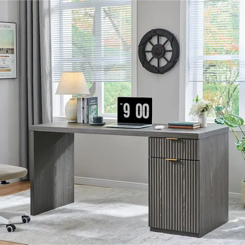 60  Modern Executive Desk, Wood Home Office Desk, Fluted Computer Desk