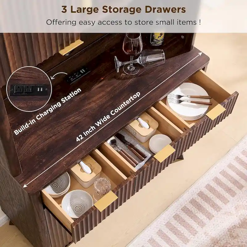 72 Wine Bar Cabinet, Modern Wood Coffee Bar Cabinet with LED Lights - N/A