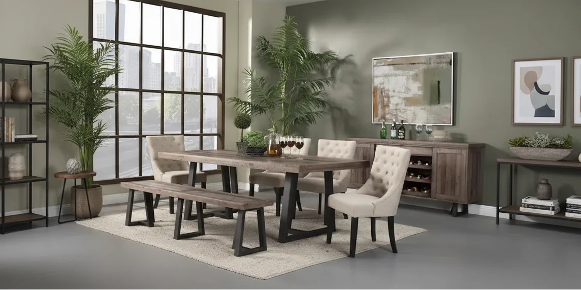 Rectangular Dining Table - Distressed Pine with Black Base, Seats 6 (Natural & Black)