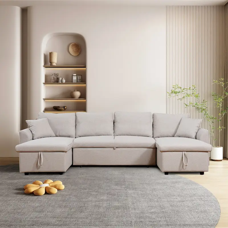 U-Shape Pull-out Sleeper Sectional Sofa with Double Storage Spaces