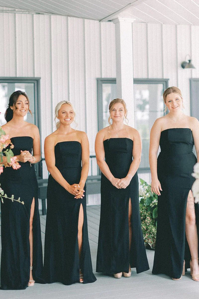 Black Strapless Long Bridesmaid Dresses with Slit