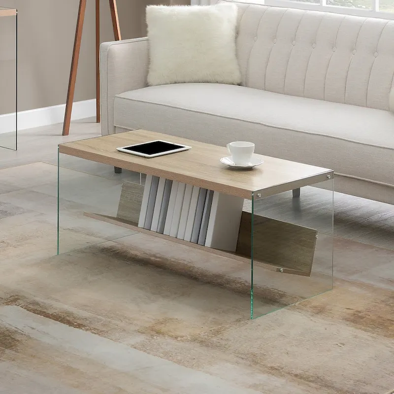 Coffee Table 40W Tempered Glass 2-Tier Shelves Modern Slanted Shelf 30 LBS Capacity