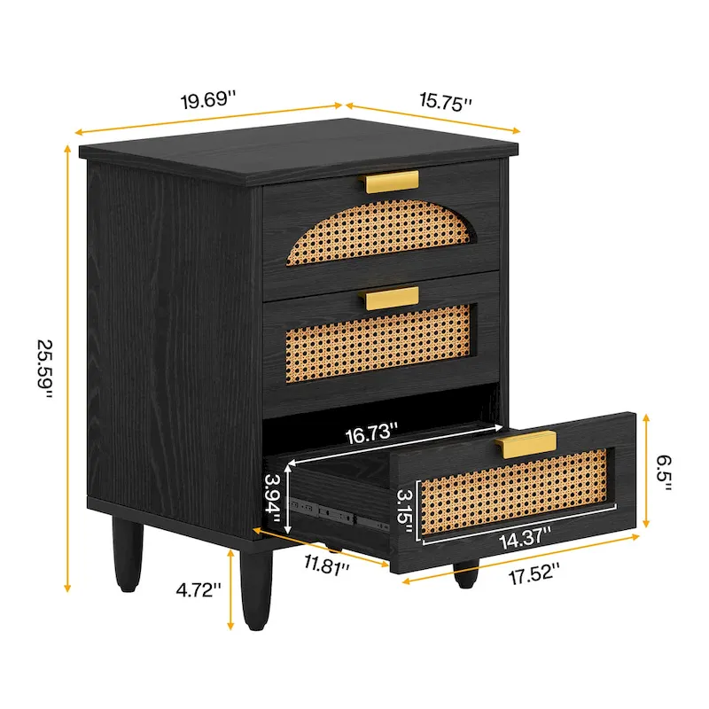 Wood and Rattan 3-Drawer Nightstand with Metal Handles