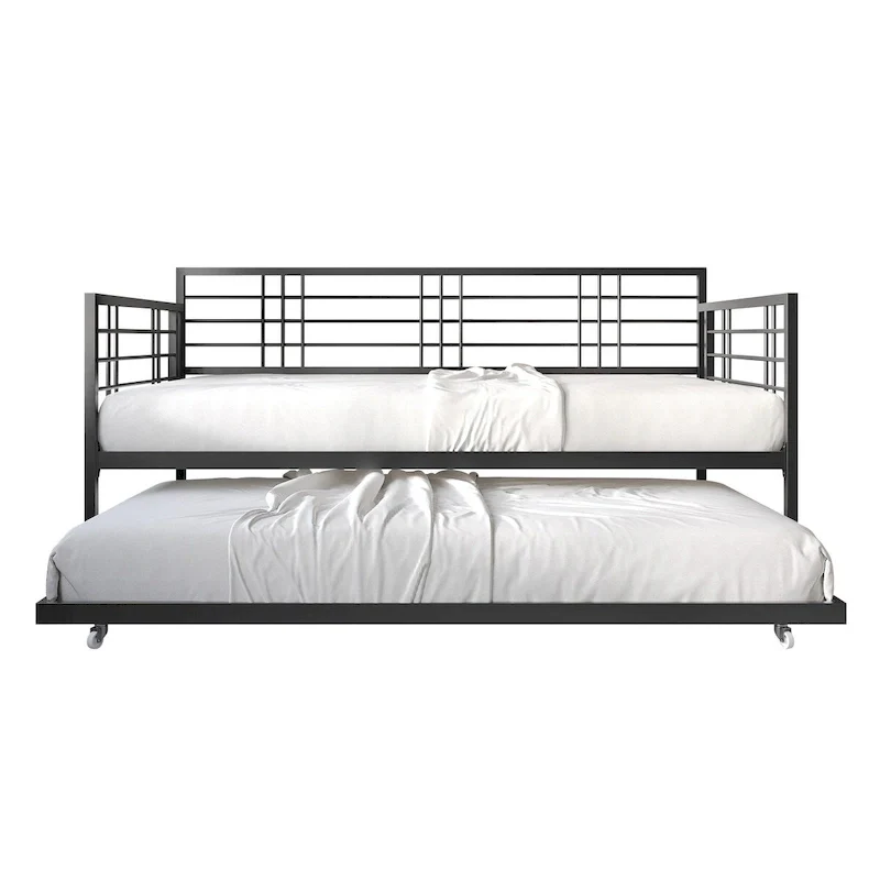 White/Brown/Black Metal Twin Daybed with Roll-Out Trundle, 1-Person