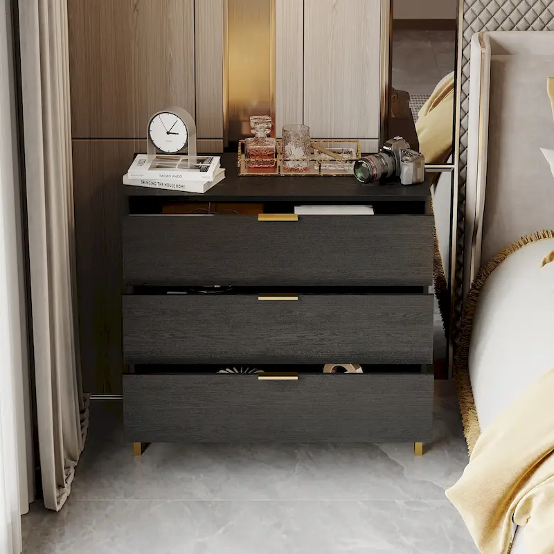 31.5W x 29.7H Wooden Nightstand with 3 Drawer End Table Black Chest