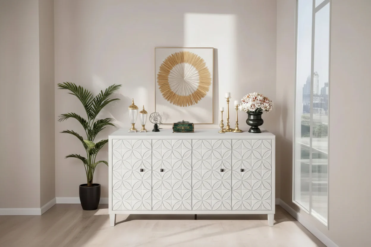 White Washed MDF 4-Door Sideboard Buffet Cabinet with Adjustable Shelves & Black Handles