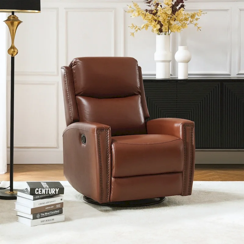 Fiacro 30.31Wide Modern Genuine Leather Wingback Swivel Rocker Recliner with Nailhead Trims