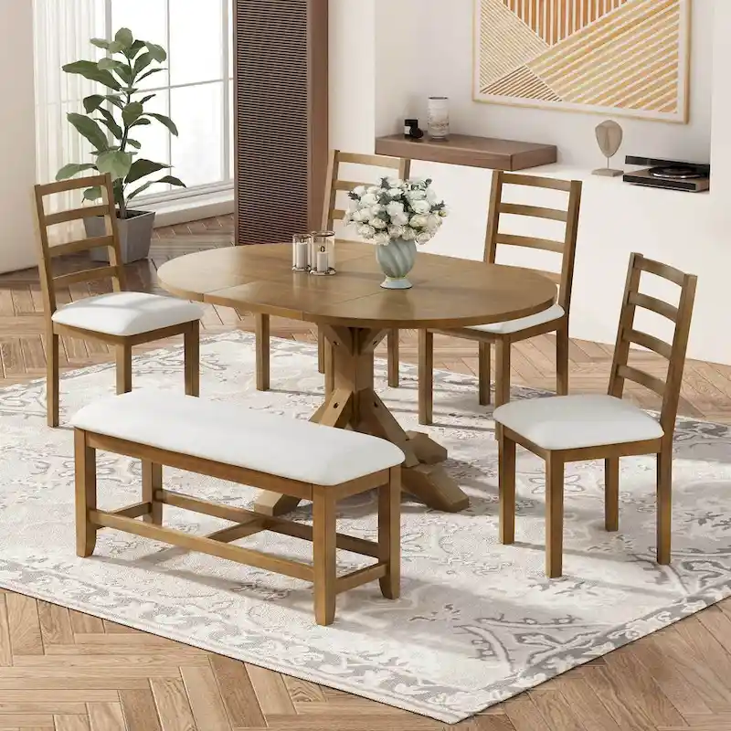 6 PCS Farmhouse Dining Table Set for 6 with Extendable Oval Table