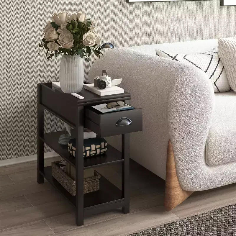 MAYEERTY Narrow Side Table, Flip Over Design with Drawers & Bottom Partition, Brown