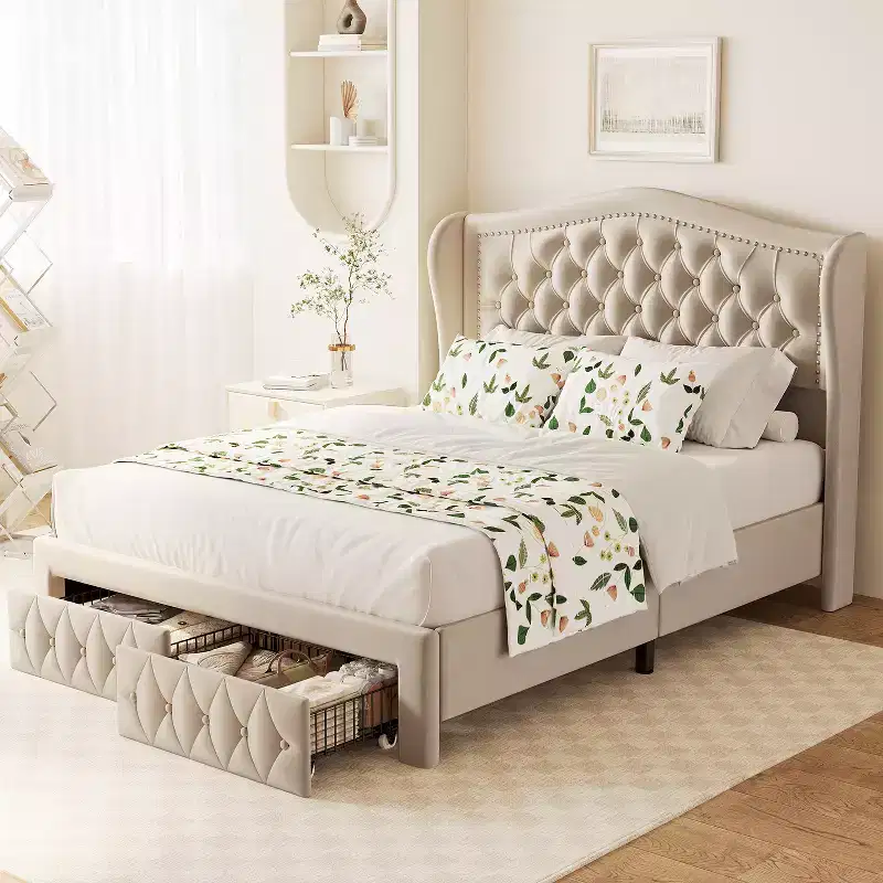 Dyonery Queen Velvet Bed Frame, 52.6 Wingback Tufted Headboard, 2 Drawers, No Box Spring
