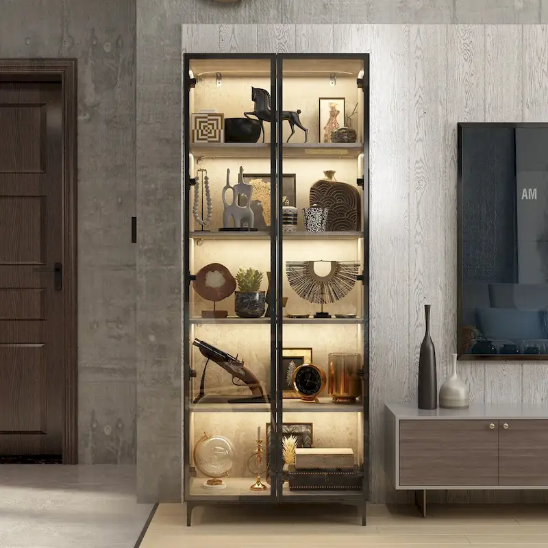 Display Storage Cabinet Showcase with Glass Doors and LED Light