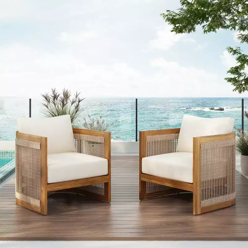 Christopher Knight Home Atoka Outdoor Rustic Acacia Wood and Rope Club Chair with Water-Resistant Cushions (Set of 2)