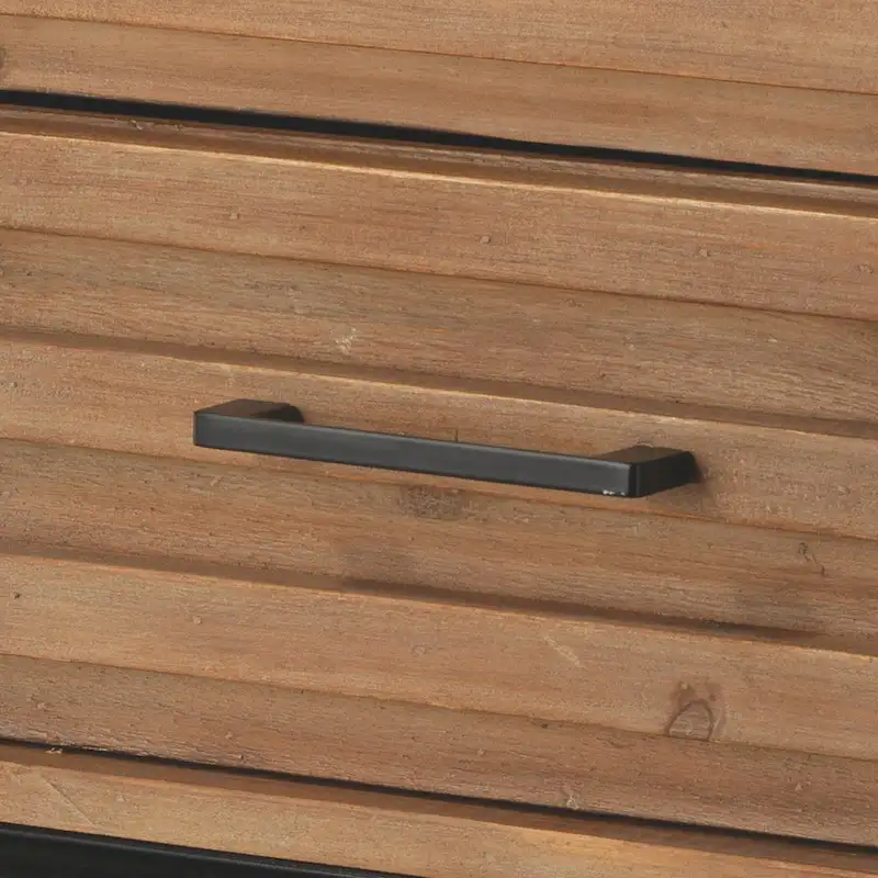 Cherry Brown Slatted Fir Wood Console Table with Black Iron Frame & 3 Drawers – Industrial Style