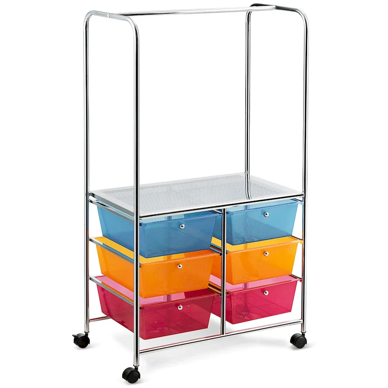 6-Drawer Rolling Storage Cart with Hanging Bar & Large Shelf - 25 x 14.5 x 44 in