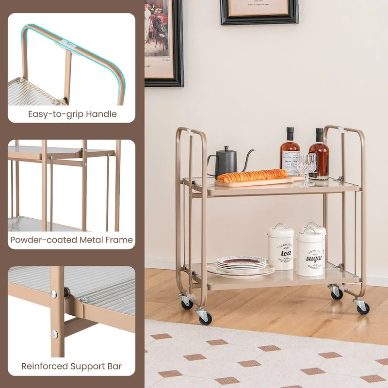 2-Tier Mobile Serving Cart with Tempered Glass Shelf-Golden - 26 x 16 x 28.5