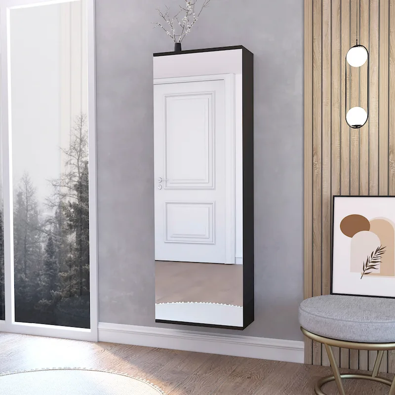 Wall Mounted Shoe Cabinet with Mirror, Single Door, Black, 1 Person