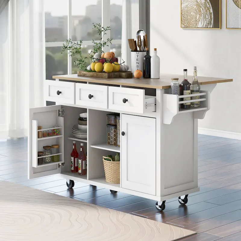 White Kitchen Cart with Drop-Leaf Rubberwood Top, 5 Wheels & 3 Drawers