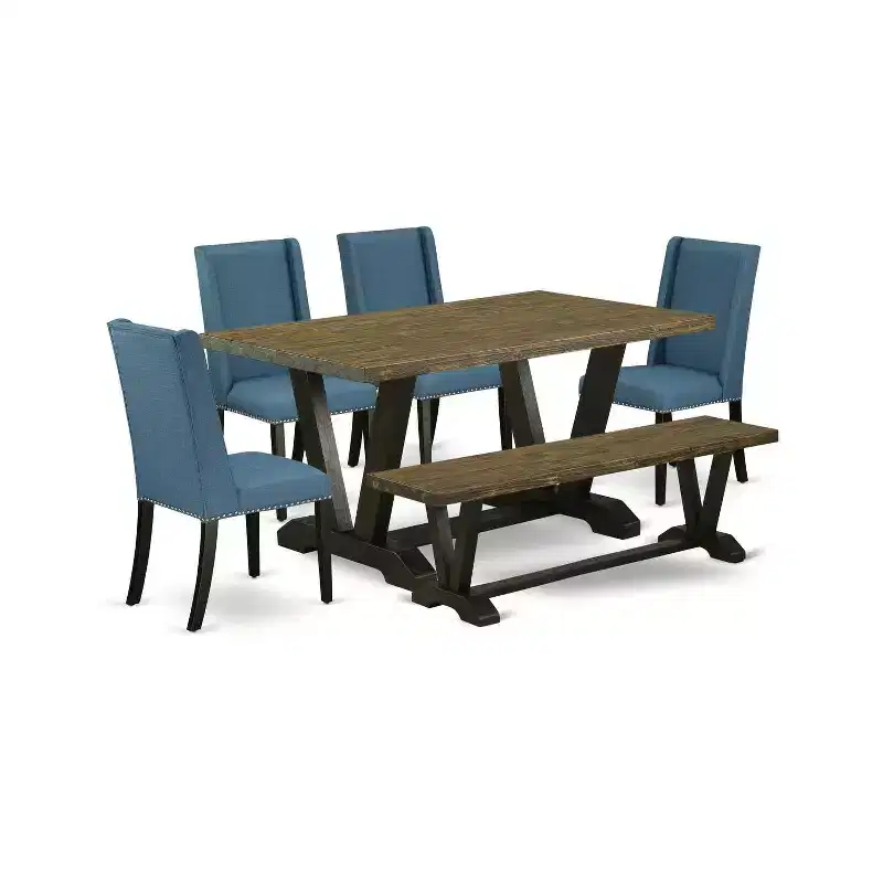 HomeStock 6-Piece Rectangle Distressed Jacobean Finish Solid Wood Top Dining Table with 1-Bench, 4-Chairs