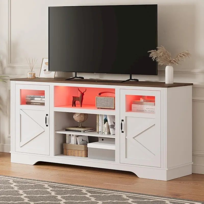 White / Grey / Black Farmhouse TV Stand with LED Lighting & Glass Doors – Fits TVs up to 65 in