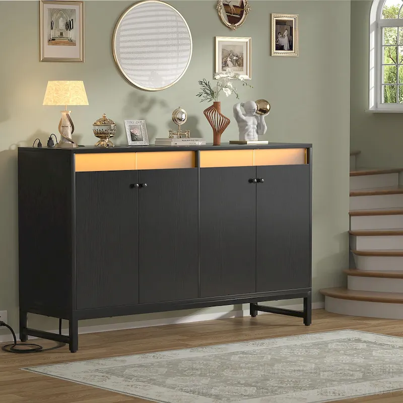 4 Doors Accent Cabinet with Power Outlet, Buffet Cabinet Storage Bar Cabinet with LED Light