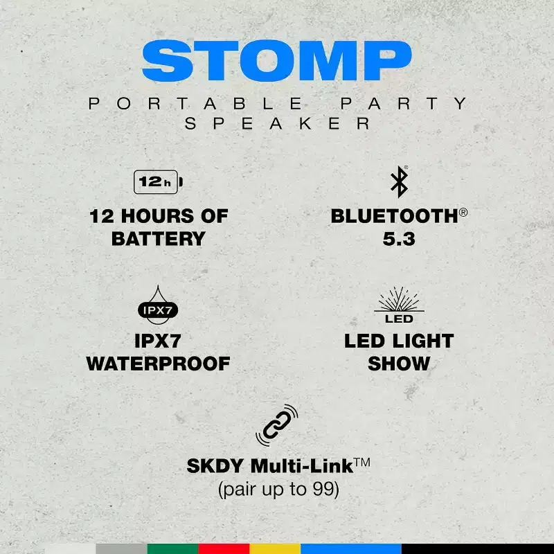Skullcandy Stomp Bluetooth Speaker  IPX7 Waterproof Wireless Portable Speaker, with LED Lightshow & Strobe Modes, 12 Hour Battery, Multi-Link
