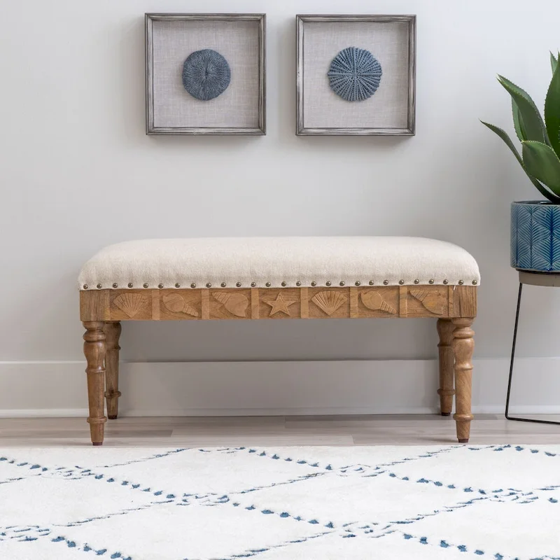 Seashell Upholstered Entryway Bench – Mango Wood, 400 lb Capacity