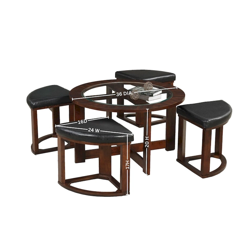 Solid Wood Glass Top Round Table Set, Coffee Table with 4 Stools