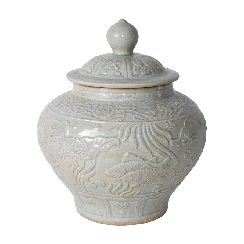 Sage Green Embossed Fish Porcelain Ginger Jar - 13.5x13.5x16