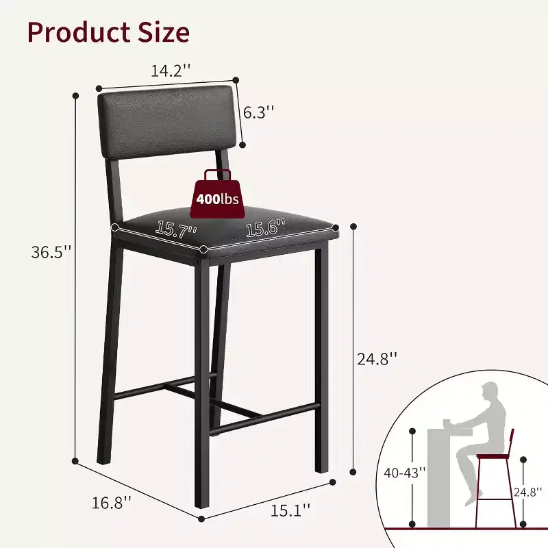COZONY Upholstered Bar Stools, PU Leather Back Footrest Counter Height Thickened Metal Legs for Kitchen Island Bar