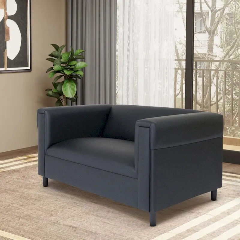 Mid Century Modern Loveseat Sofa Faux Leather Solid Wood Frame Upholstered