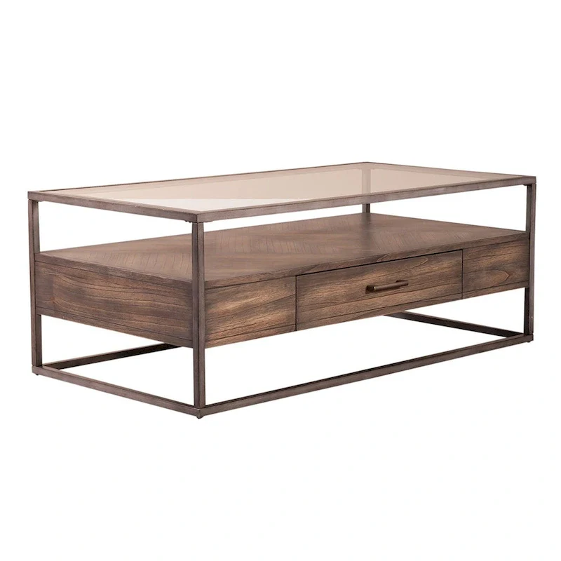 Tobacco Brown Rubberwood Rectangular Cocktail Table with Beveled Glass Top and Storage Drawer