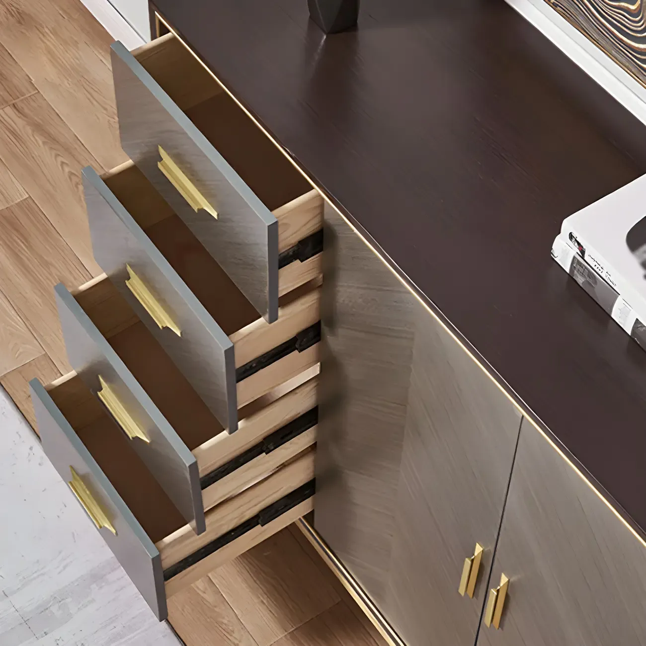 Glam Wooden Sideboard with Drawers & Adjustable Shelves