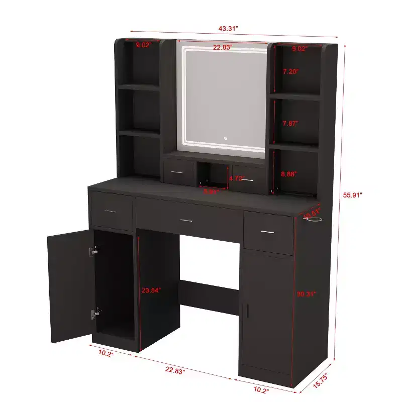 Okak Vanity Table with Lights, with Drawers and Storage Cabinet, Dressing Table with Dressing Pad for Bedroom Living Room